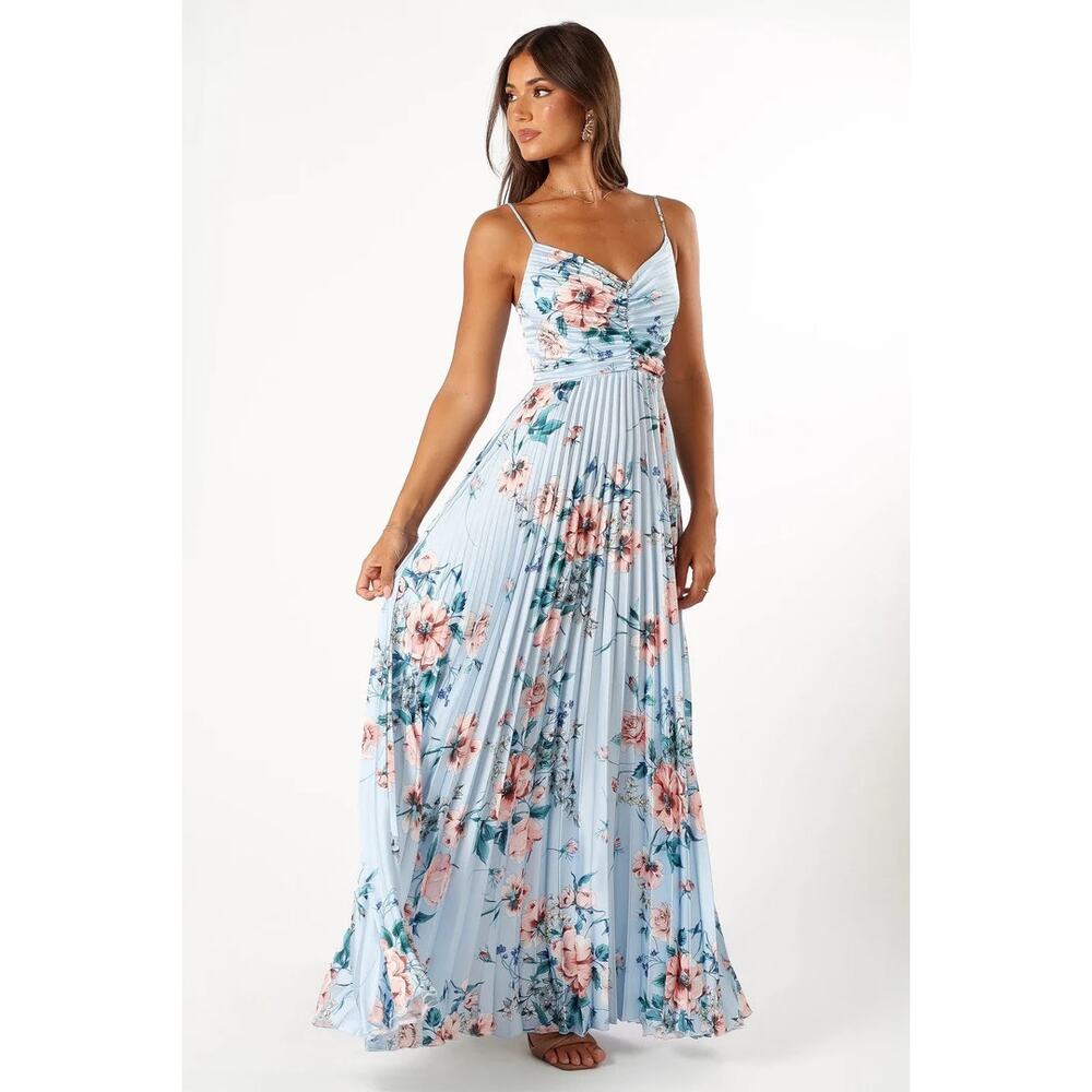 Petal & Pup Naira Pleated Maxi Dress Blue Floral Size 4 Blue Floral